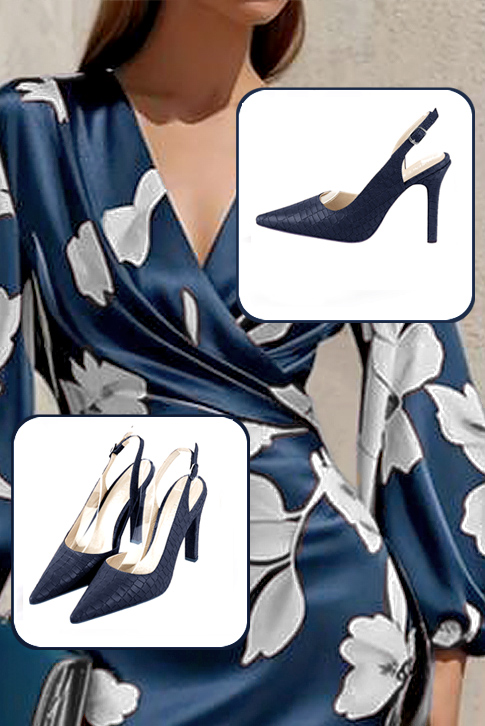 Women's navy blue elegant slingback heels. Pointed toe. High slim heel - Worn view